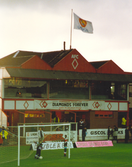 The UEFA flag flies from the Broomfield pavilion ahead of Airdrie's Cup Winners' Cup First Round match against Sparta Prague in September 1992.
