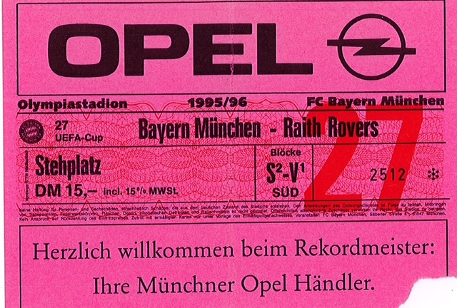 Match ticket from the Bayern Munich v Raith Rovers match, October 1995. PIC: Graeme Meldrum